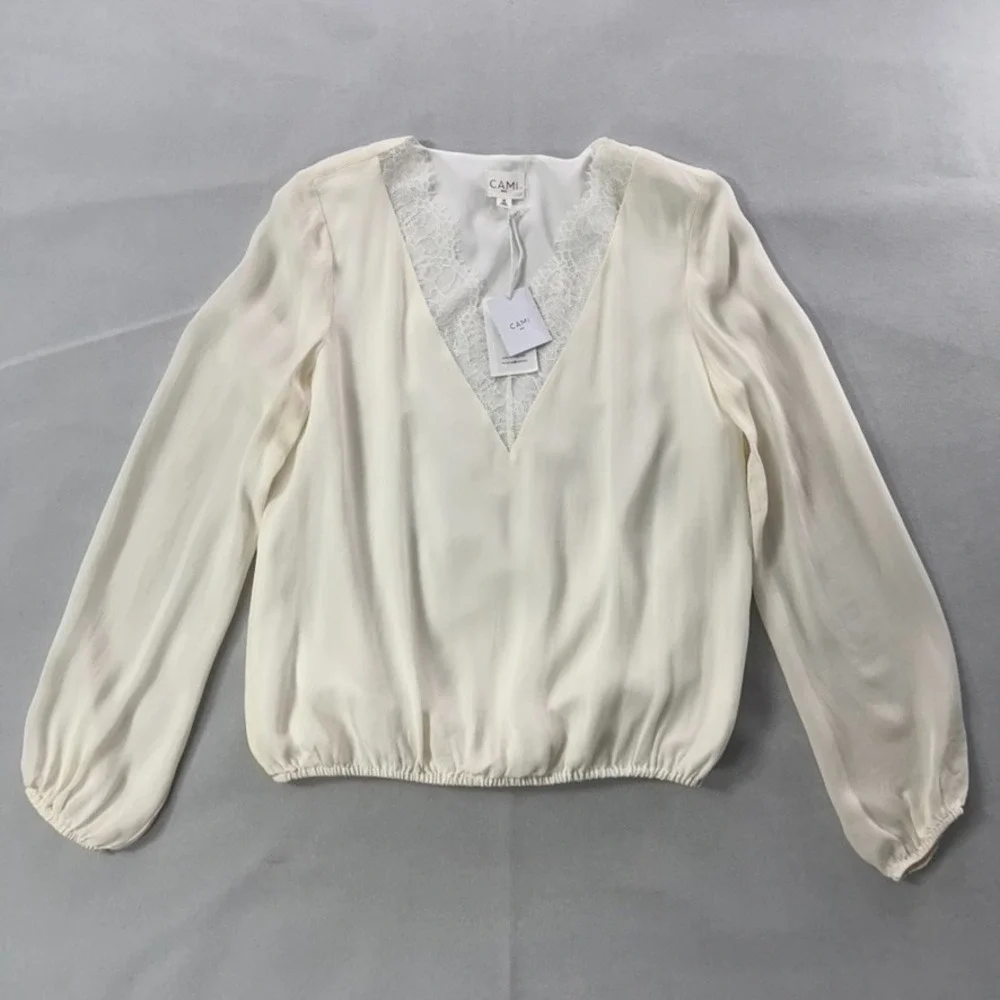 Cami NYC Top Women Medium White 100% Silk Long Sleeve V-Neck Lace Trim NEW - Picture 7 of 15